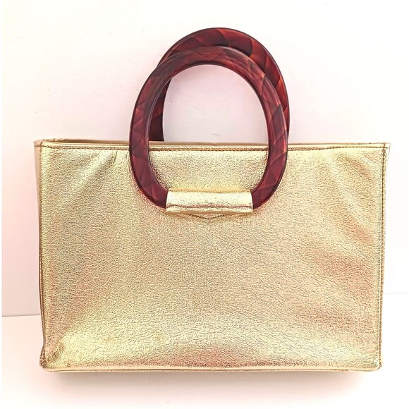VTG 60s JR Florida USA Gold Lame Tote Tortoise Lucite Double Ring Handles 14X4X9 - Picture 1 of 12